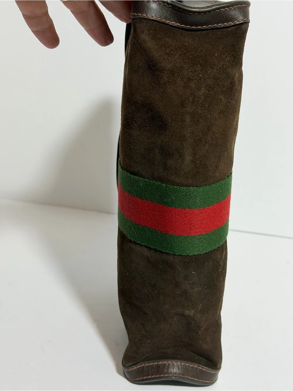 Gucci Brown Suede Clutch Bag with Green and Red Web Stripe